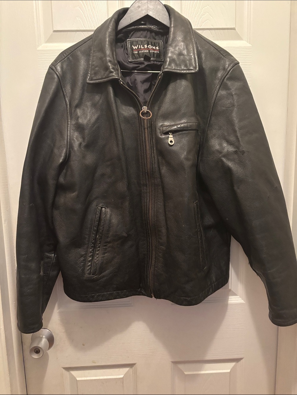 Wilson Black Leather Bomber Jacket with Zip Chest Pocket